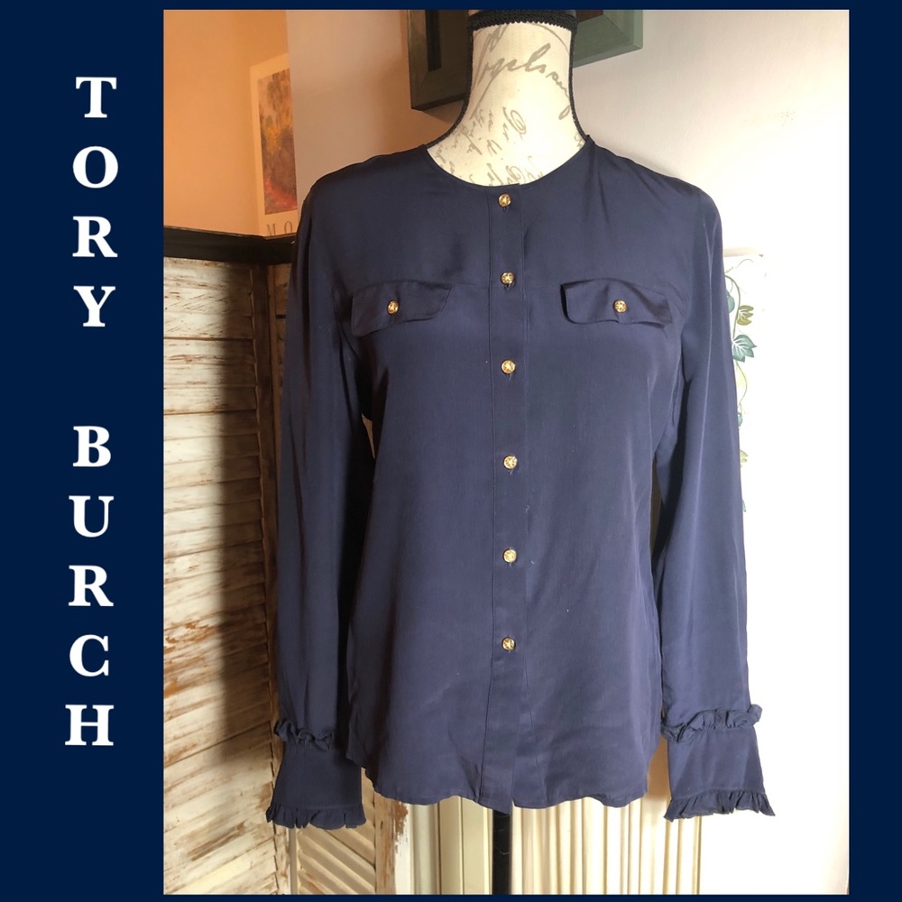 NWOT-SZ 8 TORY BURCH SILK NAVY LOGO BUTTON BLOUSE